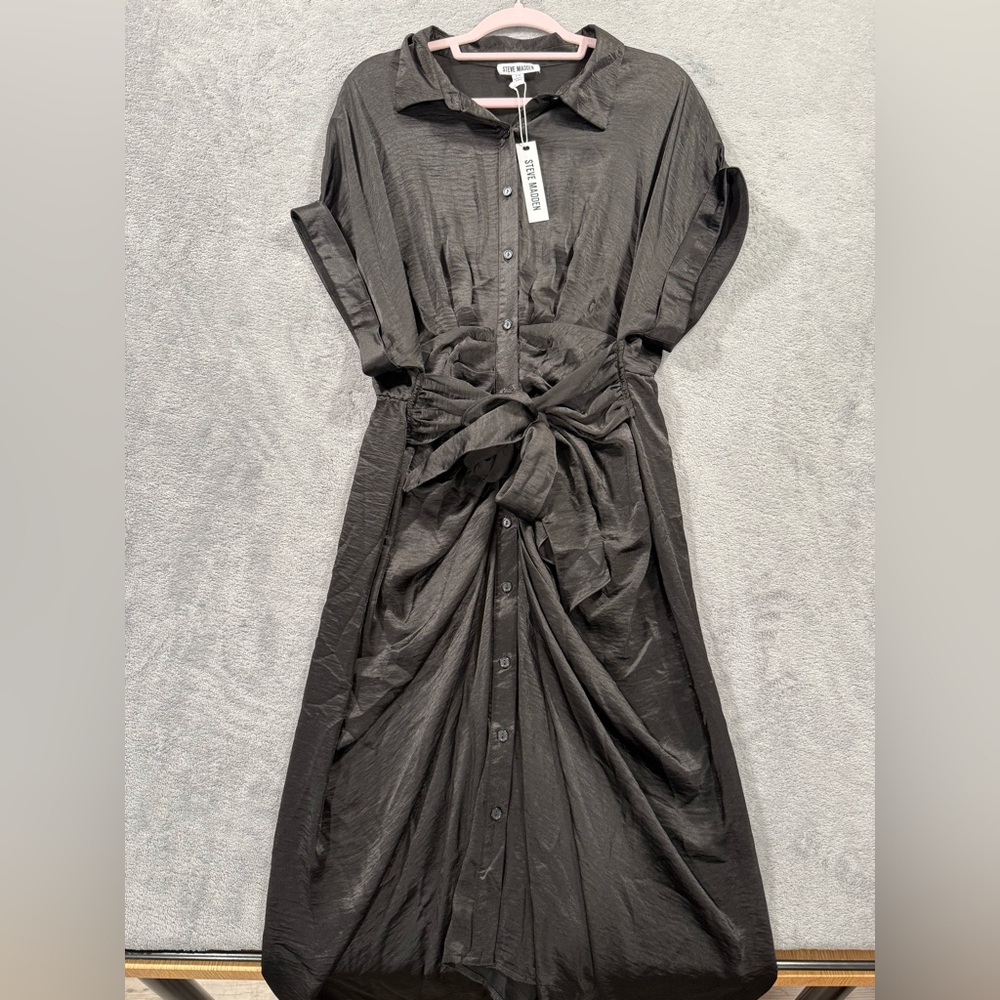 Steve Madden Tori Tie Waist Satin Midi Shirtdress